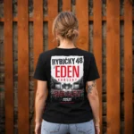 Zadní strana černého dámského trička JEDEN KONCERT Rybičky 48