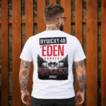Zadní strana bílého pánského trička JEDEN KONCERT Rybičky 48