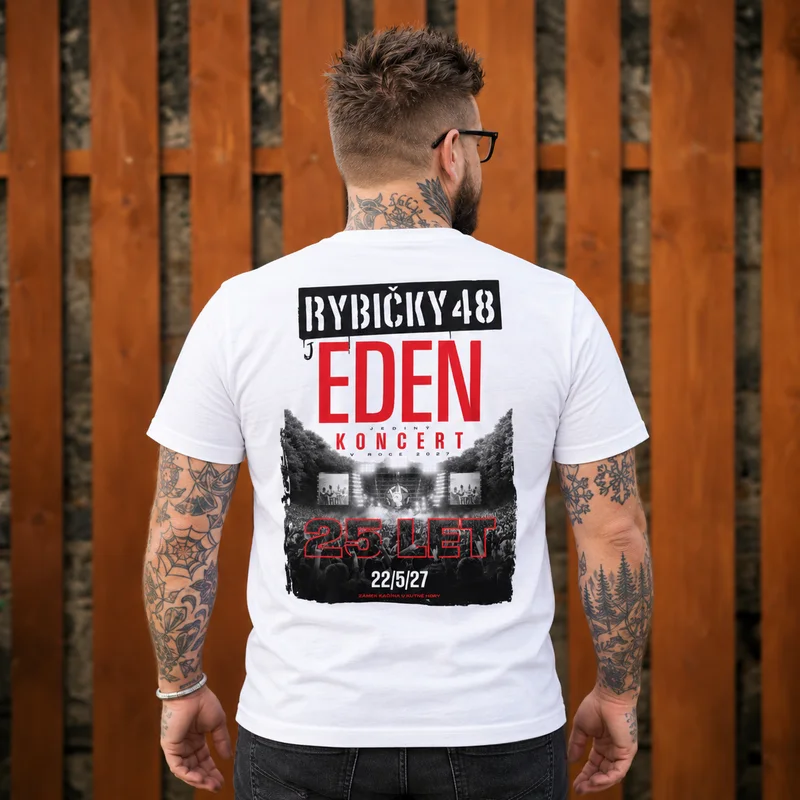 Zadní strana bílého pánského trička JEDEN KONCERT Rybičky 48