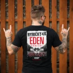 Zadní strana černého pánského trička JEDEN KONCERT Rybičky 48
